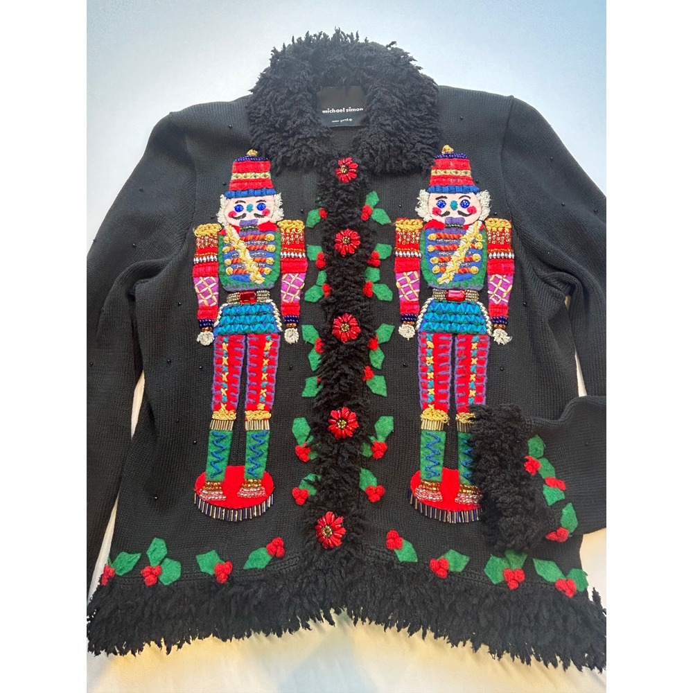 Michael Simon Cardigan Women M Black Nutcracker Beaded Faux Fur Trim Christmas